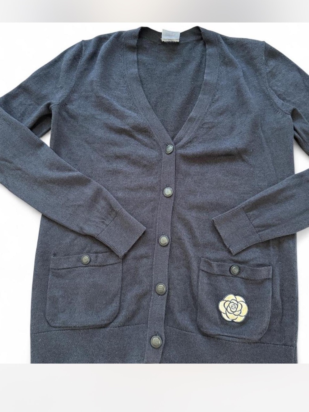 Chanel uniform cardigan with Chanel Camellia Size Medium Classic